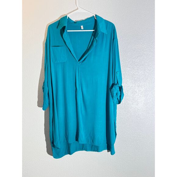 Ekouaer Teal Roll-Tab Sleeve Tunic Shirt Blouse Women’s XXL - Picture 1 of 9